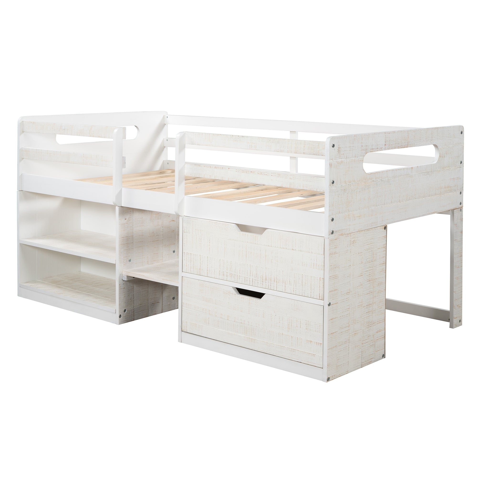 Twin size Loft Bed with Two Shelves and Two drawers (Antique White) - Atlantic Fine Furniture Melbourne FL