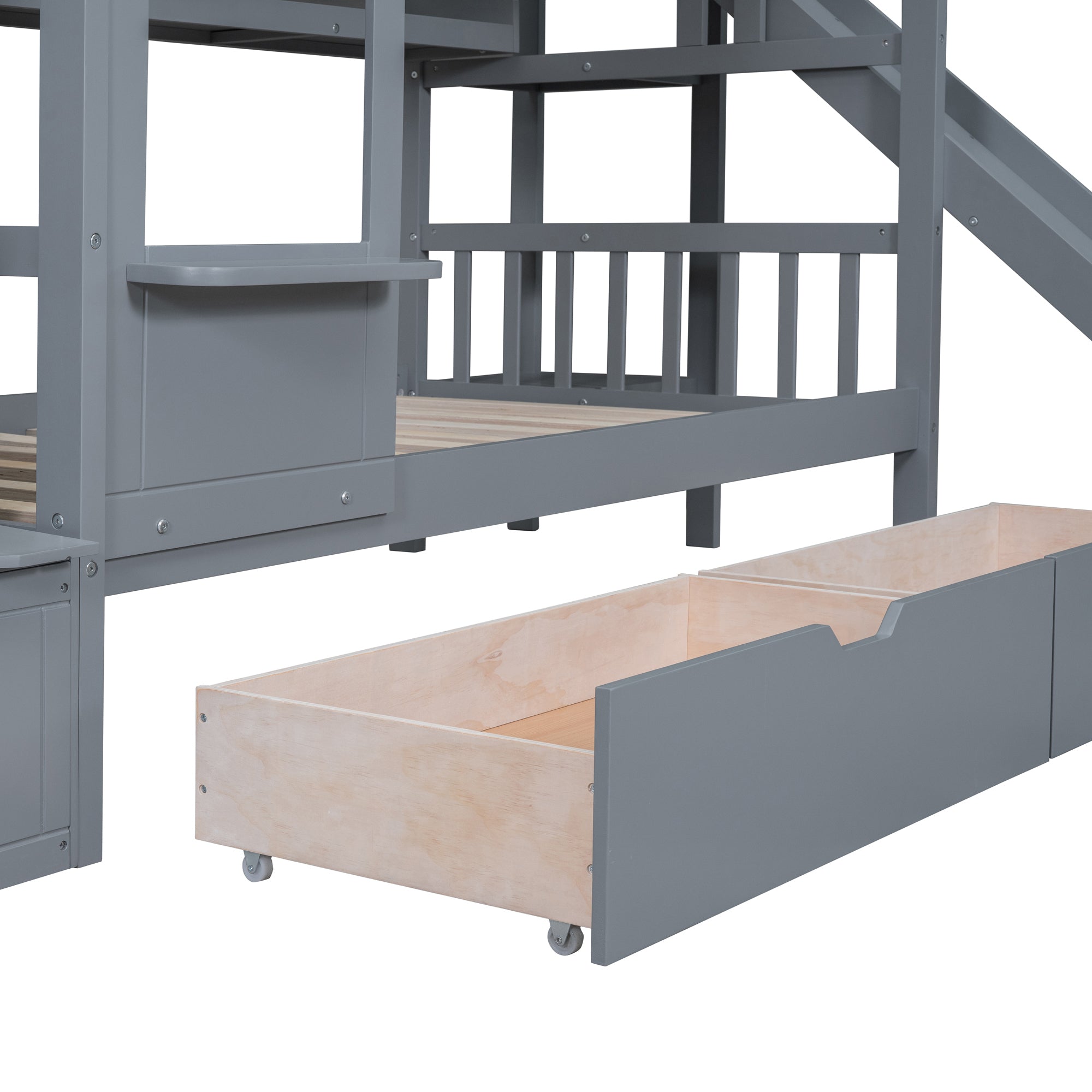 Twin-Over-Twin Castle Style Bunk Bed with 2 Drawers 3 Shelves and Slide - Gray - Atlantic Fine Furniture Melbourne FL