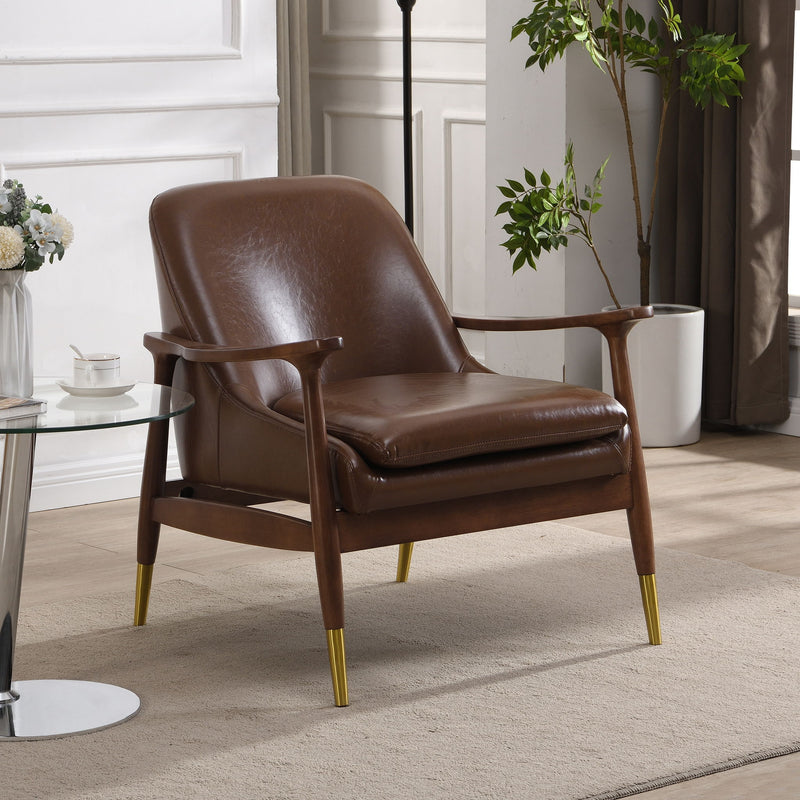 Mid - Century Accent Chair With Cushioned Seat, Brass Tipped Legs