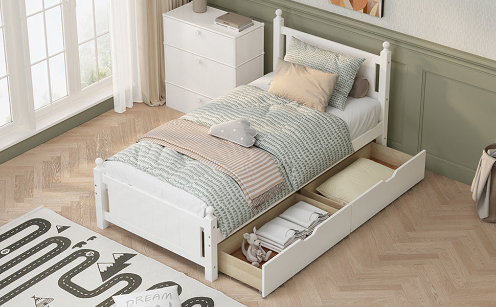 Twin Size Solid Wood Platform Bed Frame with 2 drawers for Limited Space Kids, Teens, Adults, No Need Box Spring, White - Atlantic Fine Furniture Melbourne FL