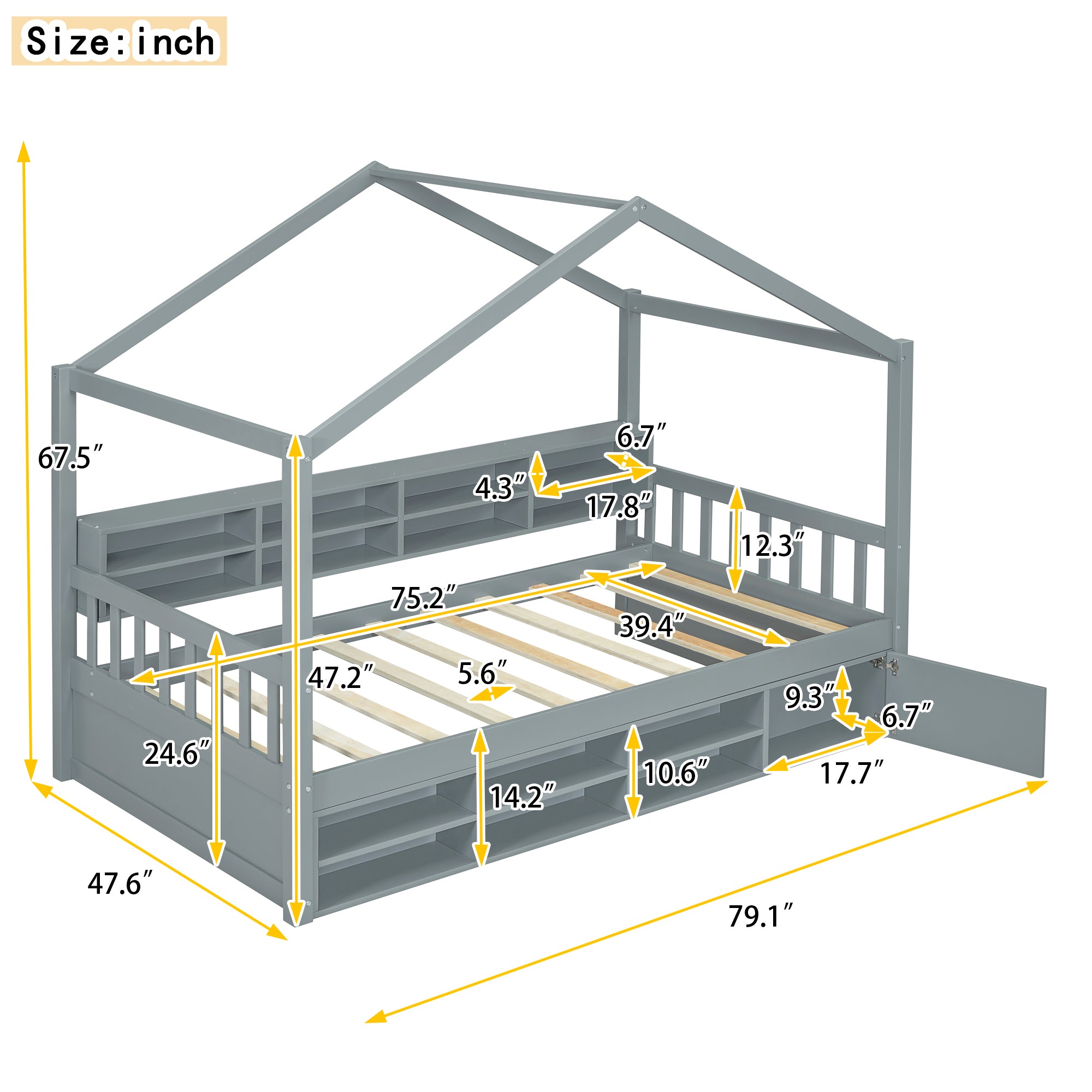 Twin Size Wooden House Bed with Shelves and a Mini-cabinet, Gray - Atlantic Fine Furniture Melbourne FL