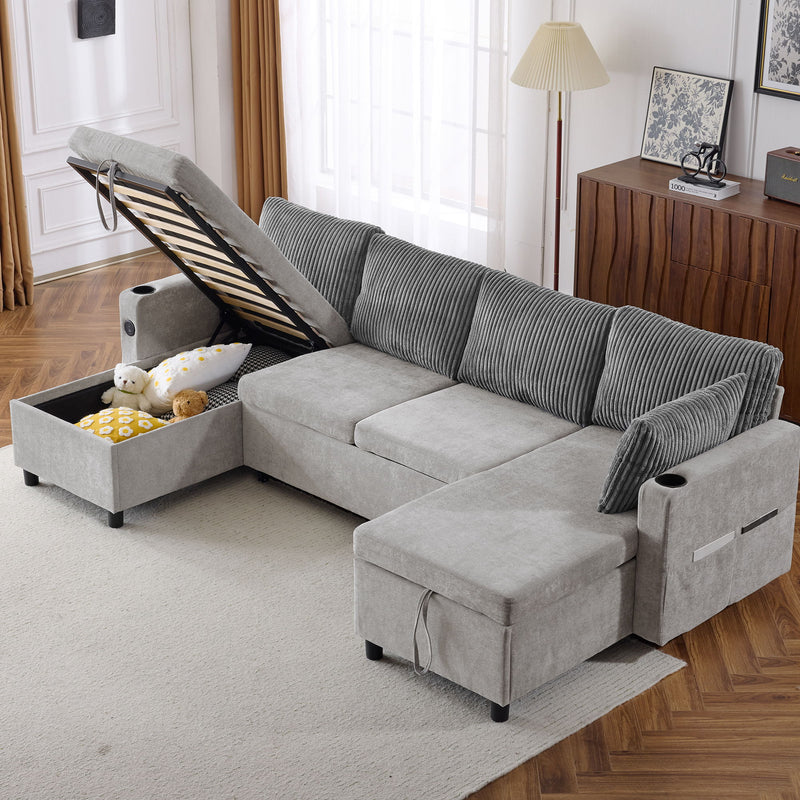 Sectional Sofa Bed With Pull Out Sleeper, USB Ports, Cup Holders