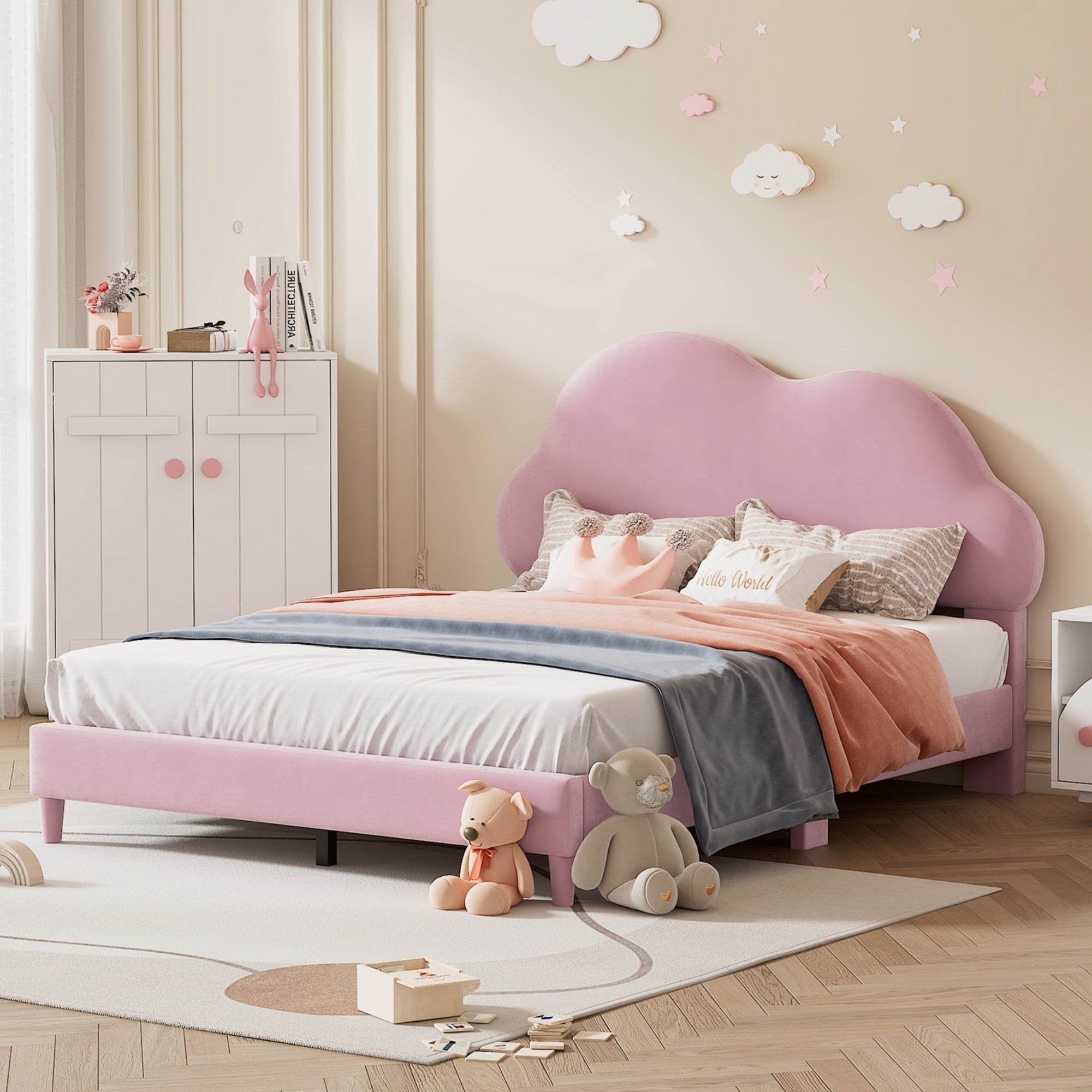 Full size Upholstered Cloud-Shape Bed ,Velvet Platform Bed with Headboard,No Box-spring Needed,Pink - Atlantic Fine Furniture Melbourne FL