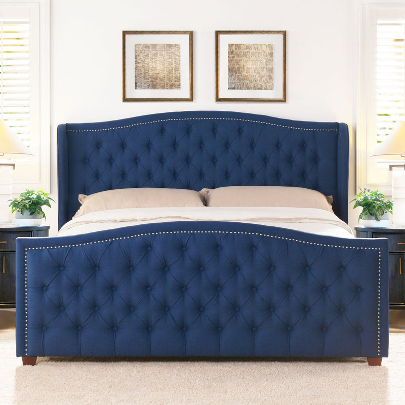 Marcella - King Upholstered Shelter Headboard Bed Set - Dark Sapphire Blue