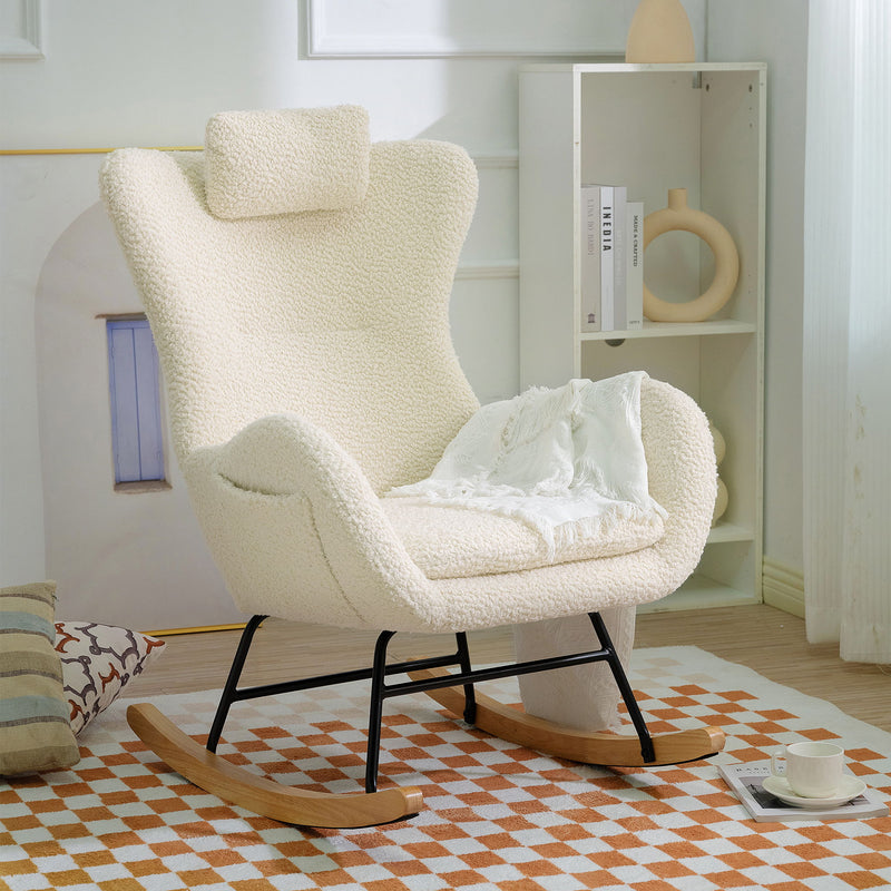 Rocking Chair Nursery Teddy Upholstered Rocker Glider Chair With High Backrest Adjustable Headrest Pocket Comfy Glider Chair For Nursery Bedroom Living Room Offices Rubber Wood Atlantic Fine Furniture...