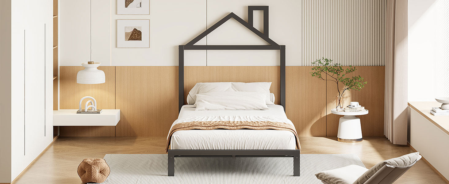 Twin Size Metal Platform Bed with House-Shaped Headboard Design, Black - Atlantic Fine Furniture Melbourne FL