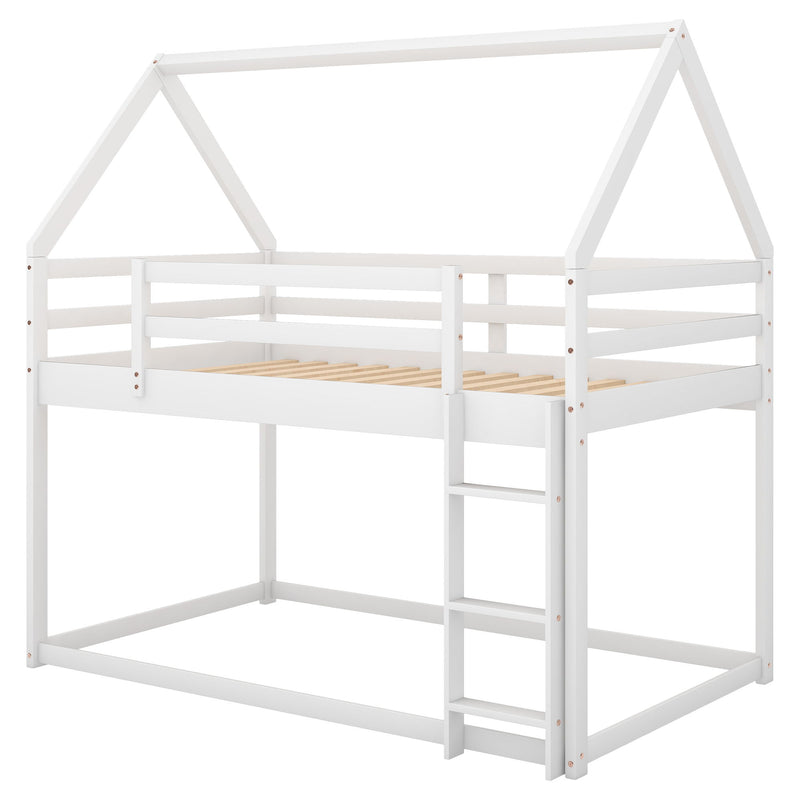 Twin Over Twin Low Bunk Bed, House Bed With Ladder - White