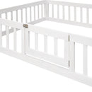 Full Size Wood House Bed with Fence and Door, White Wash