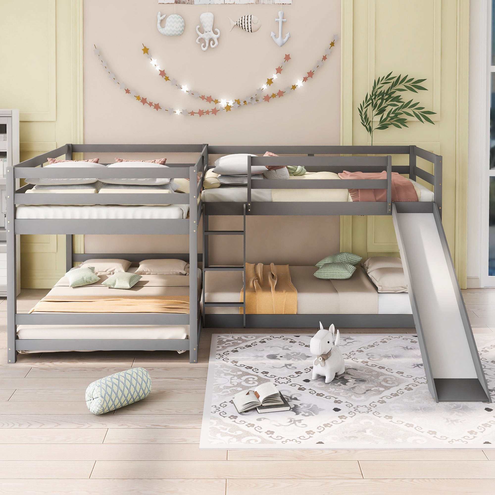 Full and Twin Size L-Shaped Bunk Bed with Slide and Short Ladder,Gray - Atlantic Fine Furniture Melbourne FL