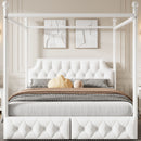 Canopy Platform Bed With Upholstered Headboard And 2 Storage Drawers - White