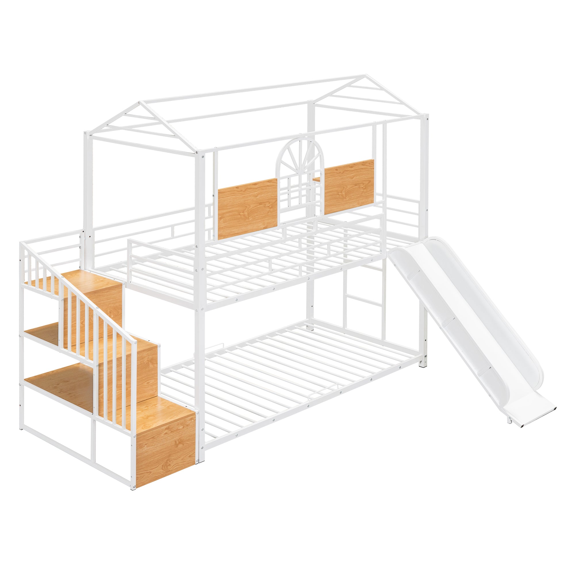 Twin Over Twin Metal Bunk Bed, Metal Housebed with Slide and Storage Stair, White with White Slide - Atlantic Fine Furniture Melbourne FL