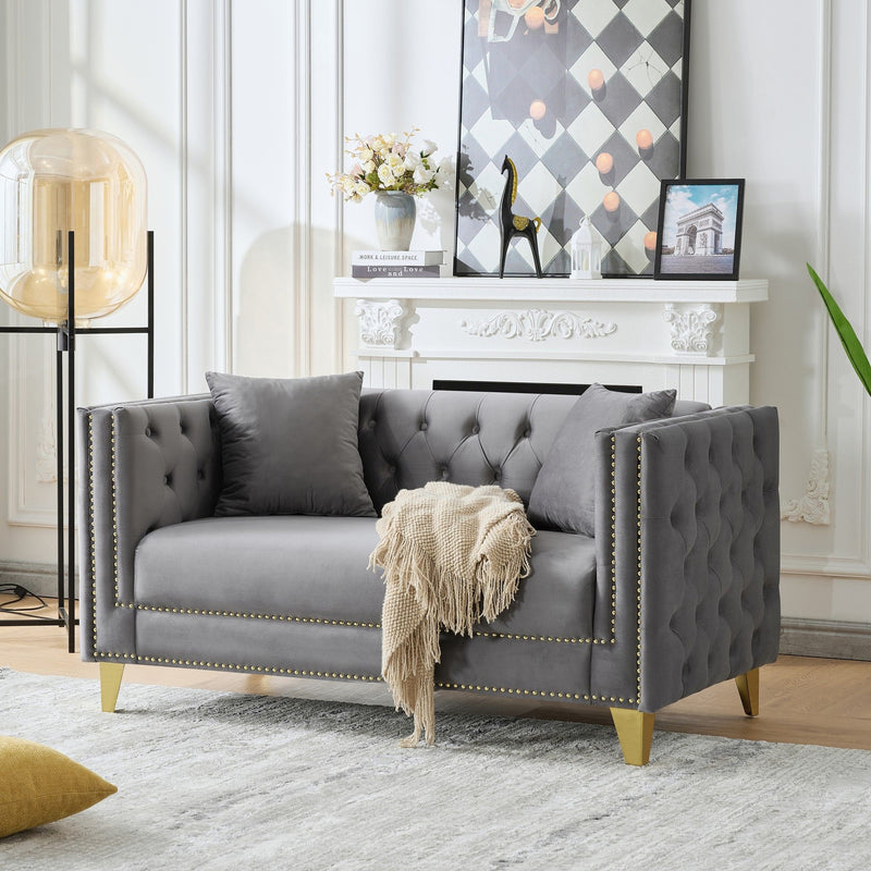 2 Seater Deep Seat Sofa, Sofa With Button Nailhead, Square Arm Couches, Furniture For Living Room - Gray