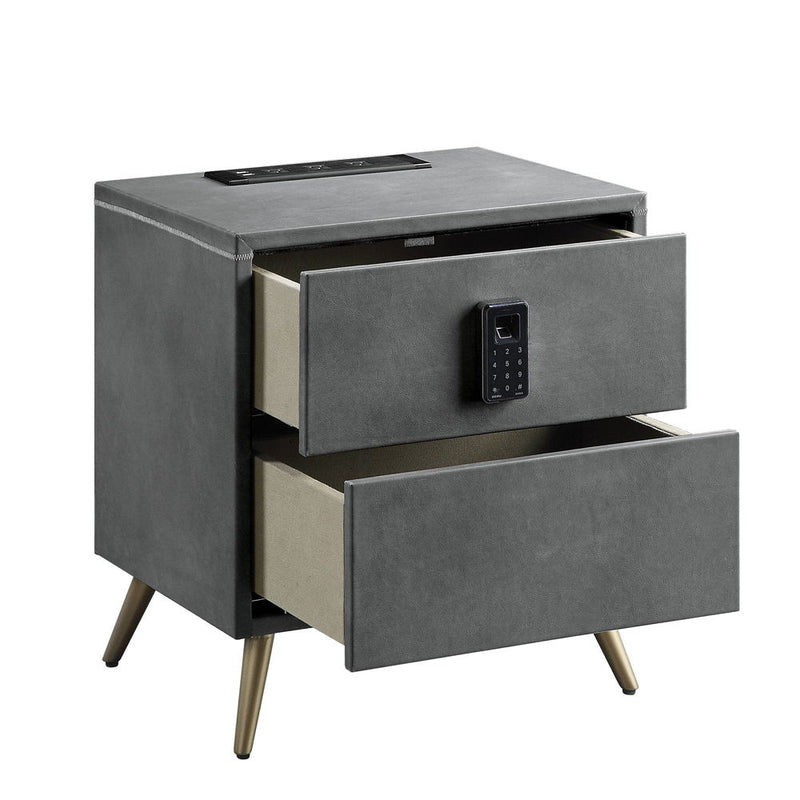 Doris - Nightstand With USB & Electric Lock - Gray Top Grain Leather