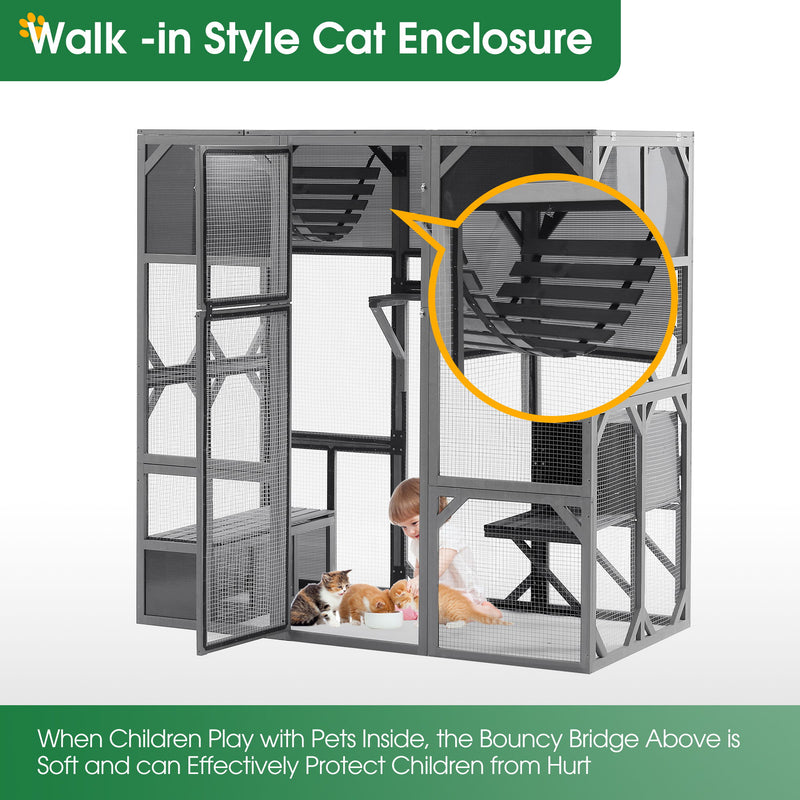 Outdoor Wooden Cat House Catio Enclosure With Super Large Enter Door Cat Kennel With Bouncy Bridge, Platforms And Small Houses Walk In Kitten Cage With Sunshine Board - Dark Gray