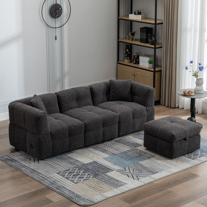 Sectional Sofa Cozy Teddy Fleece Sectional Sofa Couch With Two USB Ports A Movable Storage Ottoman And Two Lumbar Pillows For Living Room