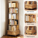 6 Tier Rotating Bookshelf With Wheels And Drawer, 360° Spinning Design, Space Saving Storage, For Home - Wood