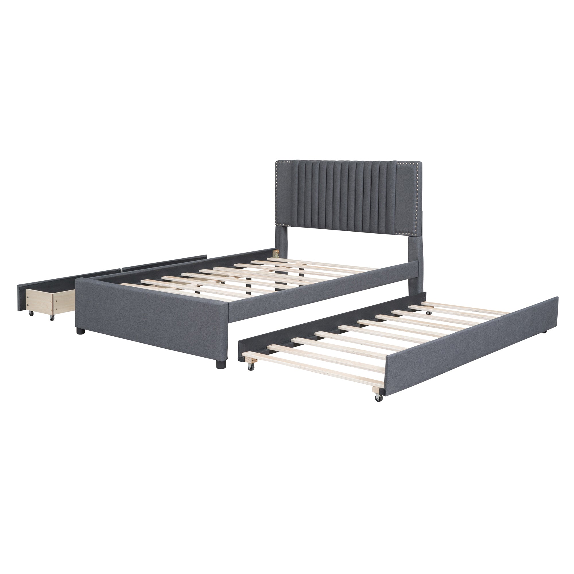 Full Size Upholstered Platform Bed with 2 Drawers and 1 Twin Size Trundle, Classic Headboard Design, Gray - Atlantic Fine Furniture Melbourne FL