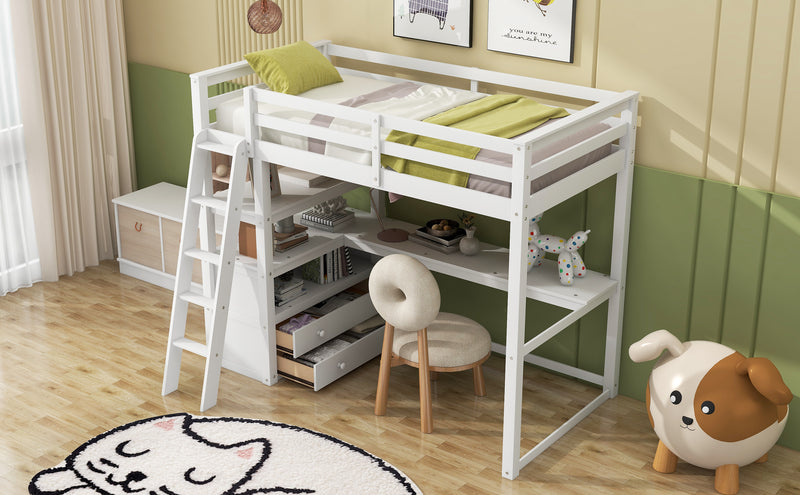 Twin Size Loft Bed with Desk and Shelves, Two Built-in Drawers, White(Old SKU: GX000423AAK)