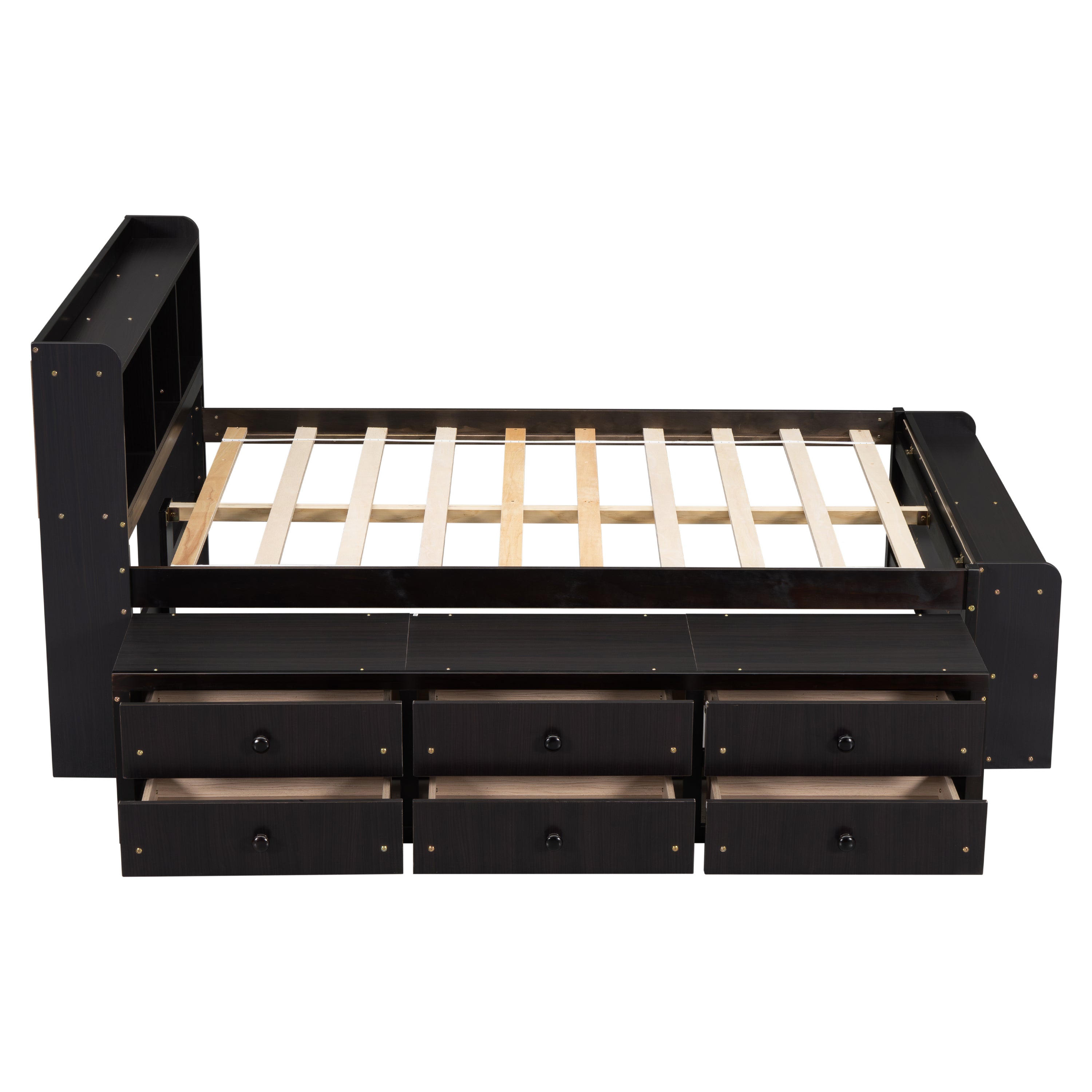 Full Bed with Bookcase Headboard, Under bed Storage Drawers and Bed End Storage Case,Espresso