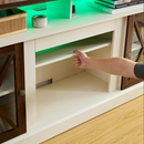 LED Farmhouse Style TV Stand for 65/70/75 inch TV with Outlet, Tall Body Media Entertainment Center Console, Adjustable Storage Shelves and Glass Door Cabinet