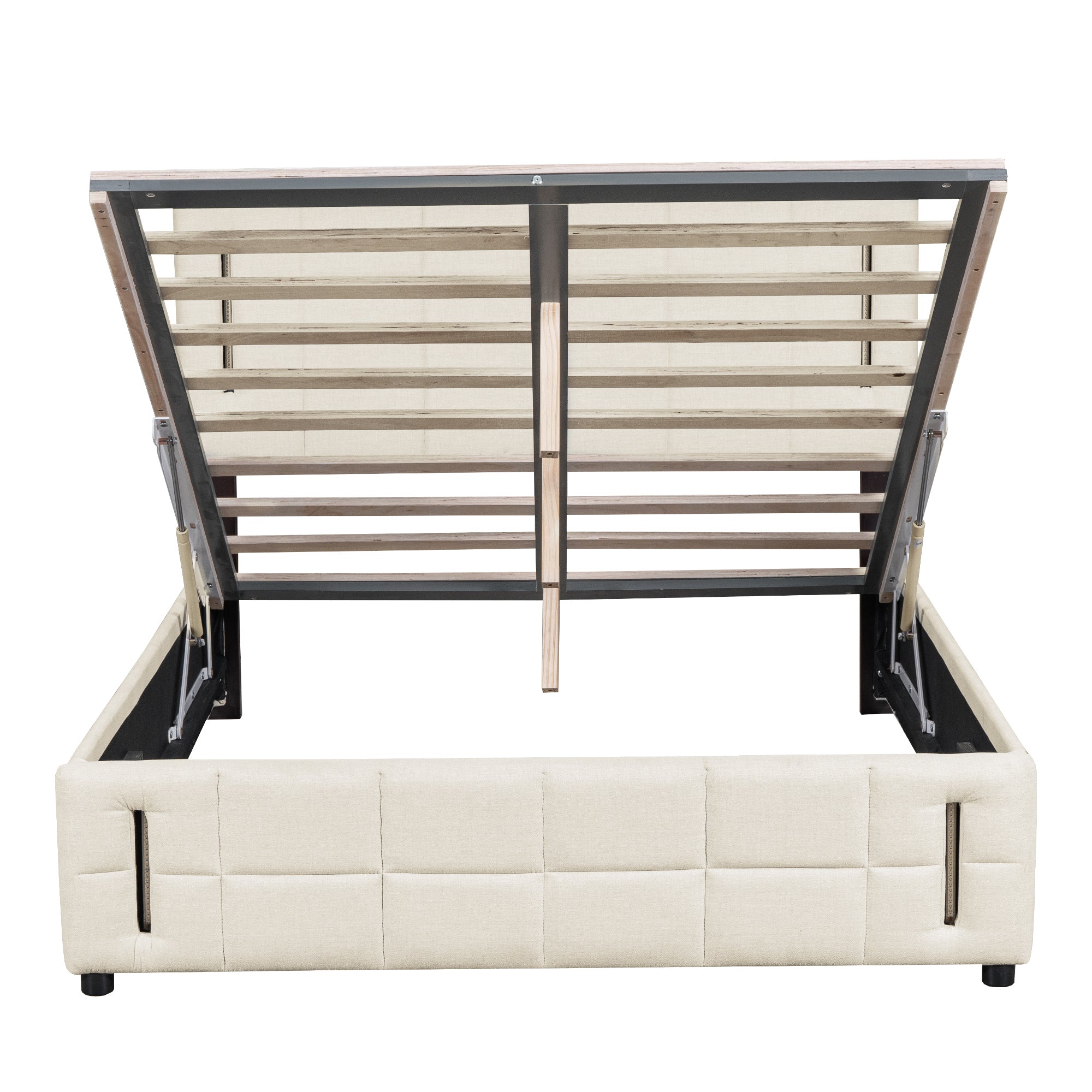 Full Size Upholstered Bed with Hydraulic Storage System and LED Light, Beige