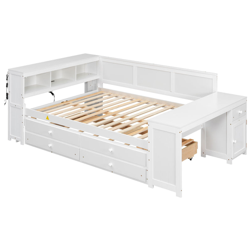 Daybed With Storage Shelves, Drawers, Trundle, Charging Station, LED Light, Desk And Cabinet