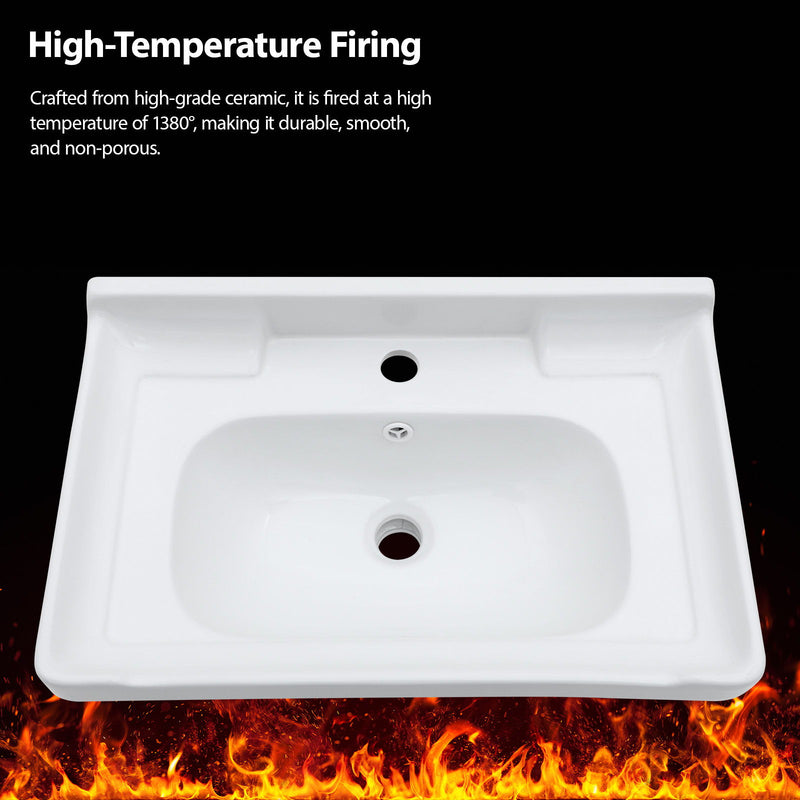 Wall Mounted Rectangular Bathroom Sink With Towel Bar & Overflow - White