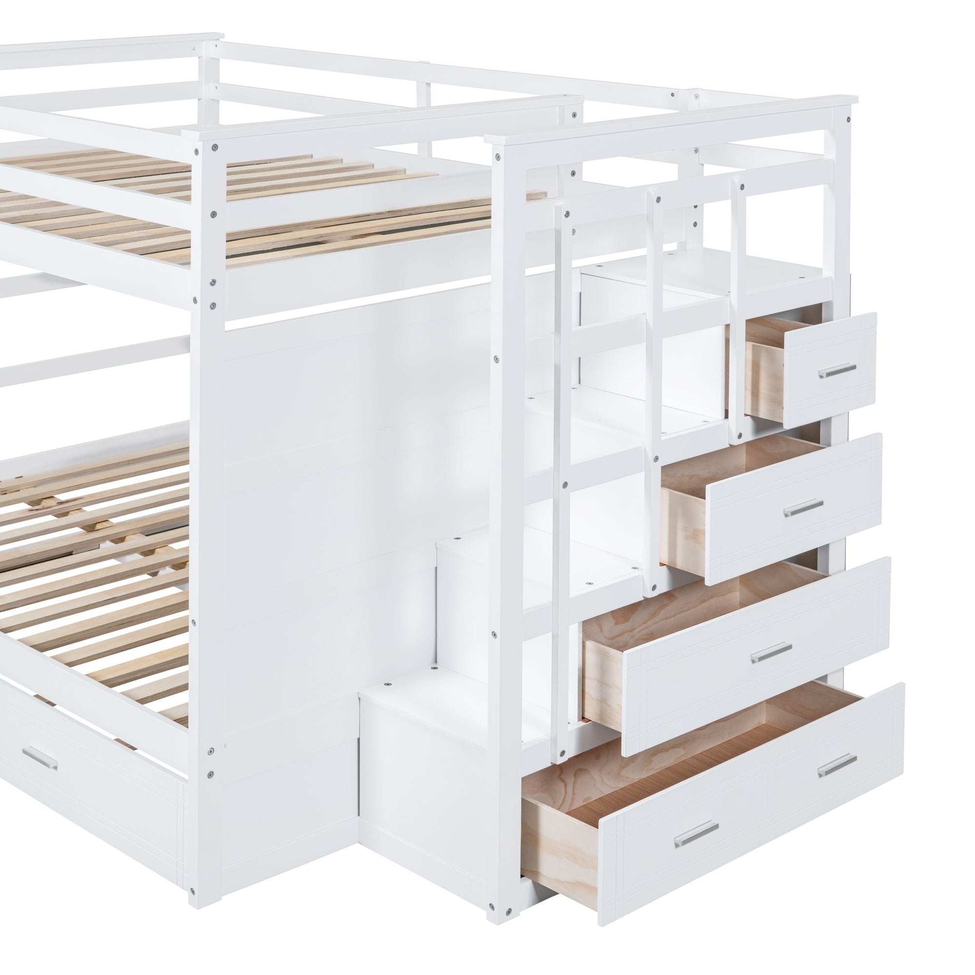 Full Over Full Bunk Bed with Twin Size Trundle and Staircase, White - Atlantic Fine Furniture Melbourne FL