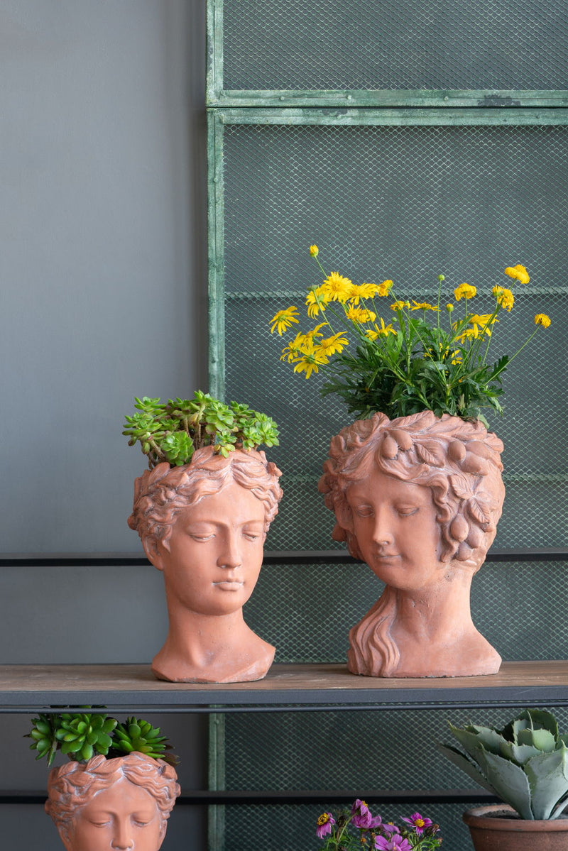 8X9X11.5" Head Bust Planter, Greek Style Cement Head Planter, Indoor Outdoor Home Garden Decor - Brown