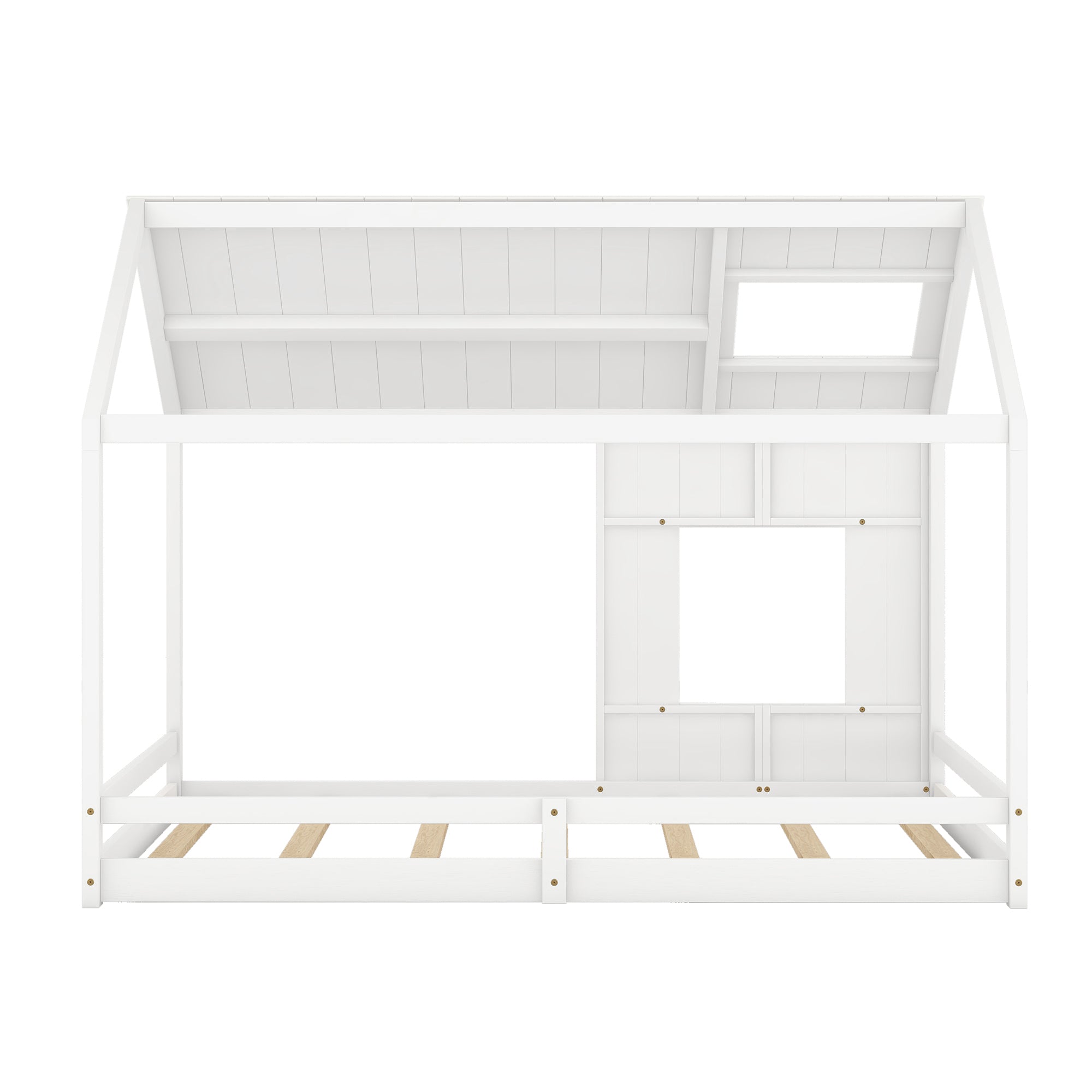 Full Size House Bed with Roof and Window - White