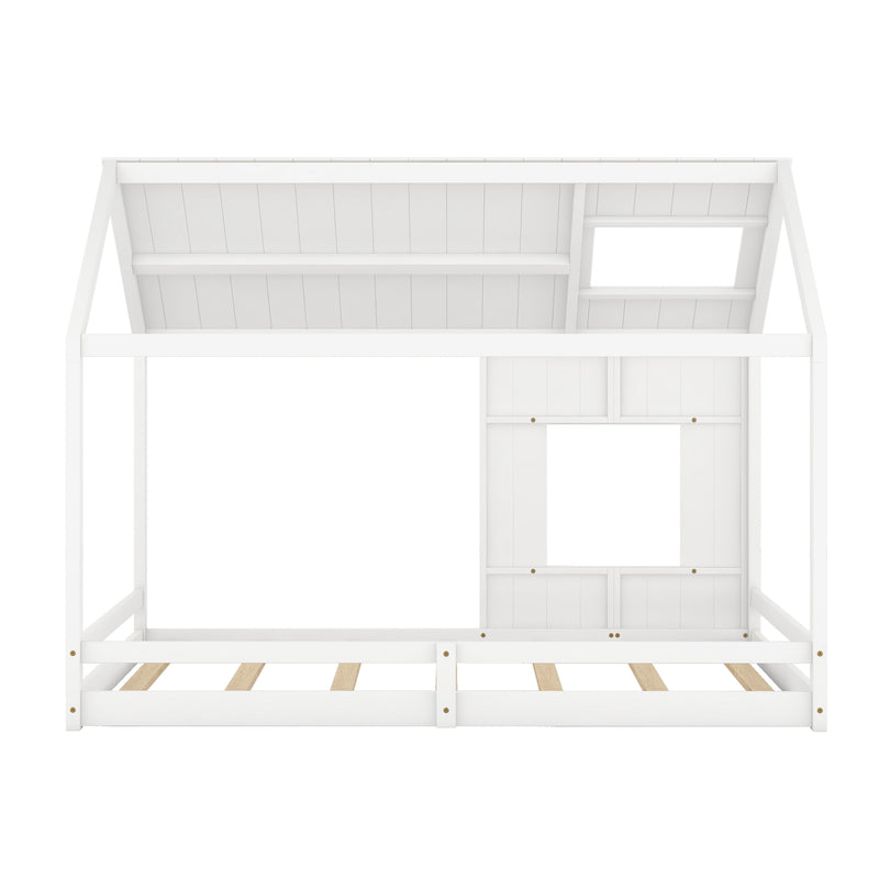 Full Size House Bed with Roof and Window - White