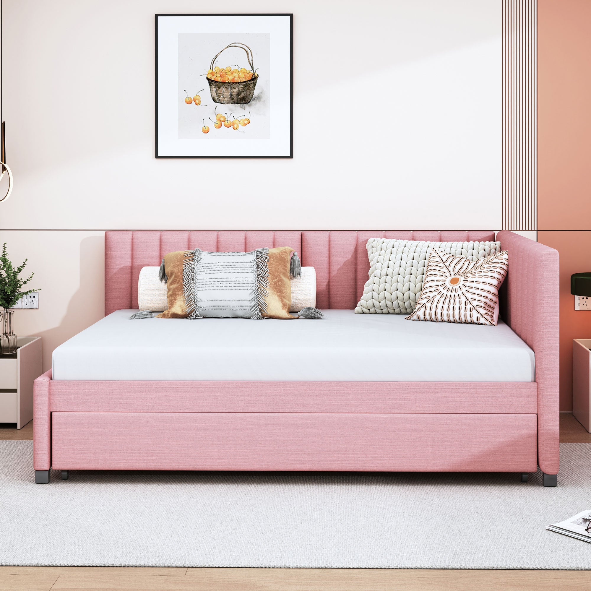 Full Size Upholstered Daybed with Trundle Sofa Bed Frame No Box Spring Needed, Linen Fabric(Pink) - Atlantic Fine Furniture Melbourne FL