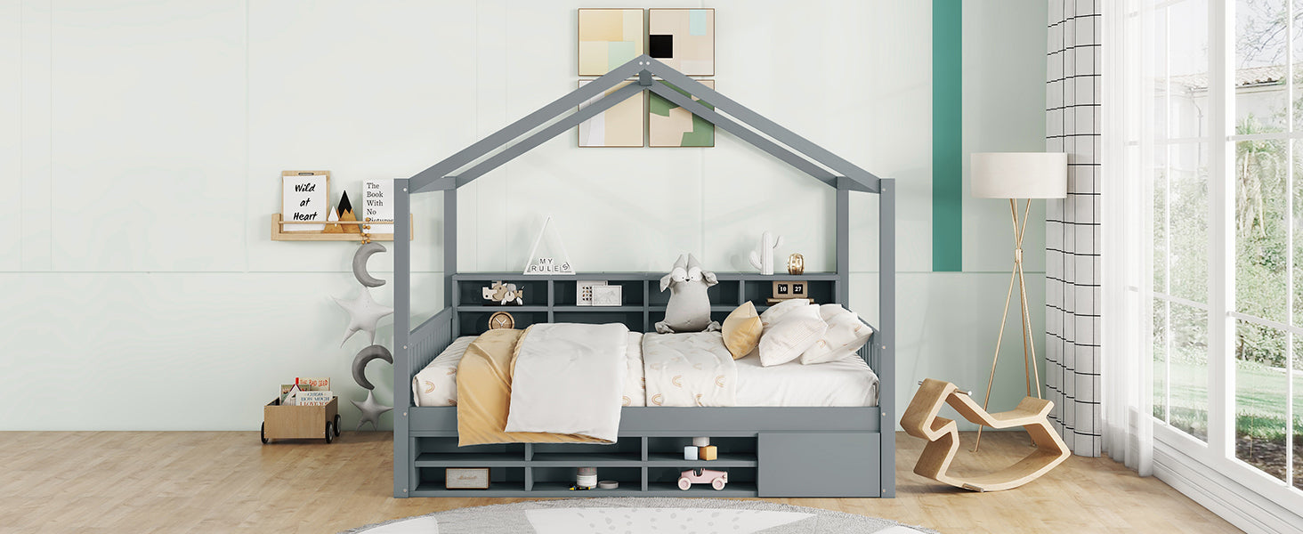 Full Size Wooden House Bed with Shelves and a Mini-cabinet, Gray - Atlantic Fine Furniture Melbourne FL