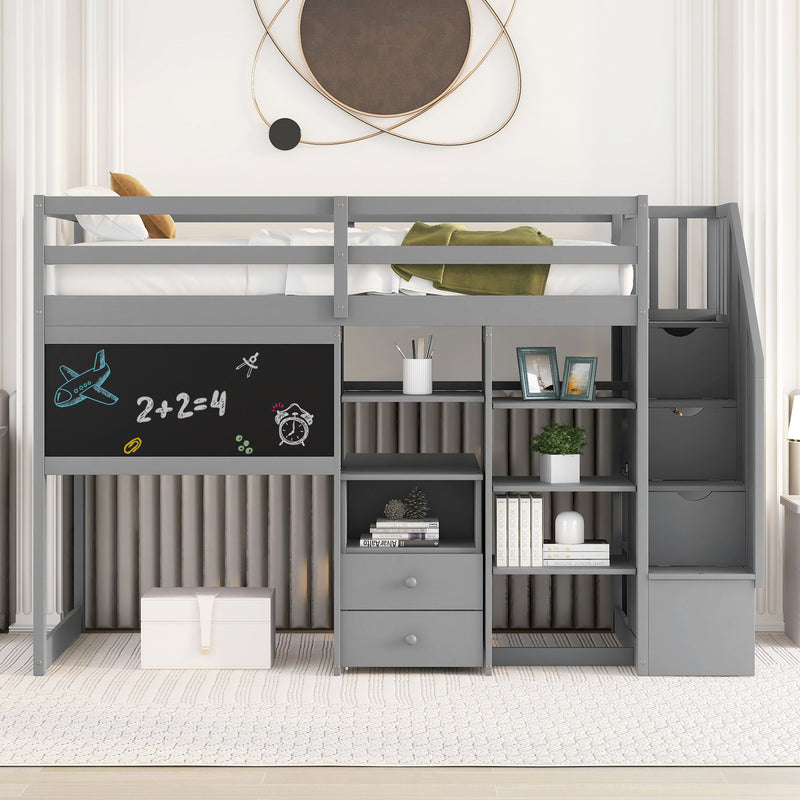 Twin Size Loft Bed with Pullable Desk and Storage Shelves,Staircase and Blackboard,Gray