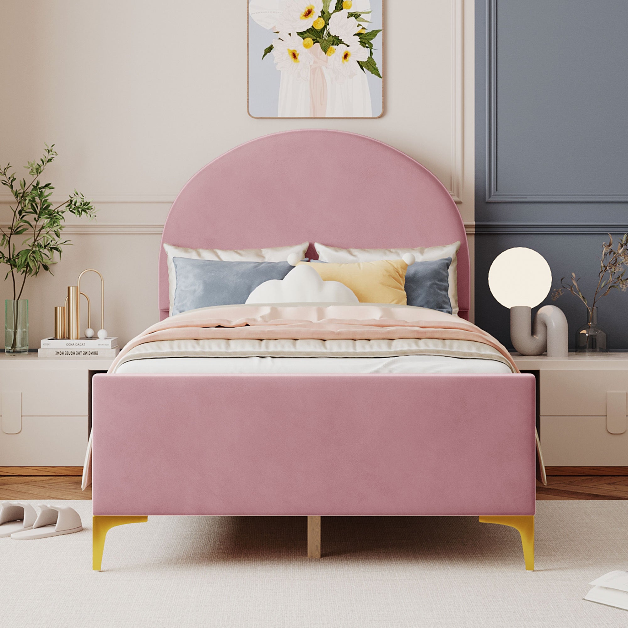 Twin Size Upholstered Platform Bed with Classic Semi-circle Shaped headboard and Mental Legs, Velvet, Pink - Atlantic Fine Furniture Melbourne FL