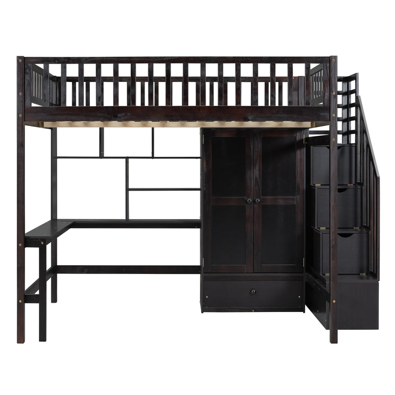 Full size Loft Bed with Bookshelf,Drawers,Desk,and Wardrobe-Espresso