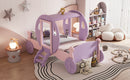 Twin size Princess Carriage Bed with Crown,Wood Platform Car Bed with Stair,Purple+Pink