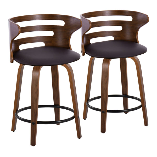 Cosini - Mid-Century Modern Fixed Height Counter Stool With Swivel With Round Footrest (Set of 2) - Walnut / Brown