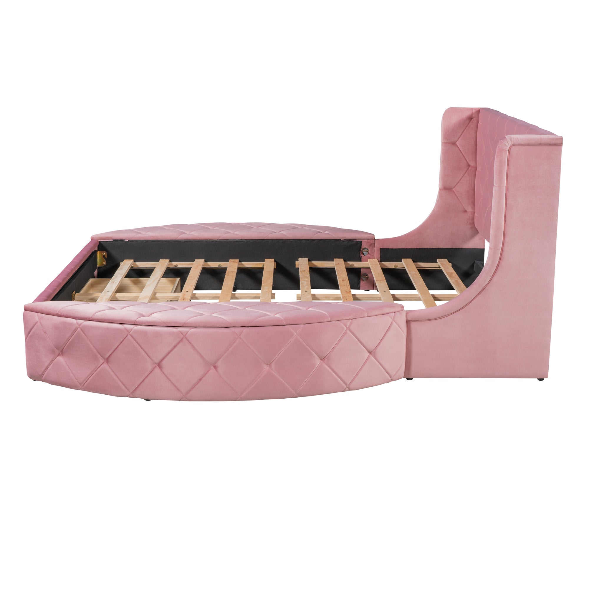 Upholstered Platform Bed Queen Size Storage Velvet Bed with Wingback Headboard and 1 Big Drawer,2 Side Storage Stool(Pink) - Atlantic Fine Furniture Melbourne FL