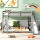 Full over Full Bunk Bed with Ladder, Slide and Shelves, Gray