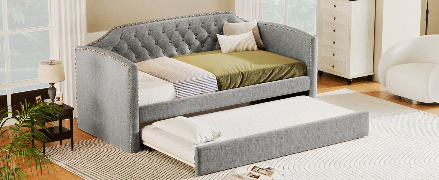 Twin Size Upholstered Daybed with Trundle for Guest Room, Small Bedroom, Study Room, Gray - Atlantic Fine Furniture Melbourne FL