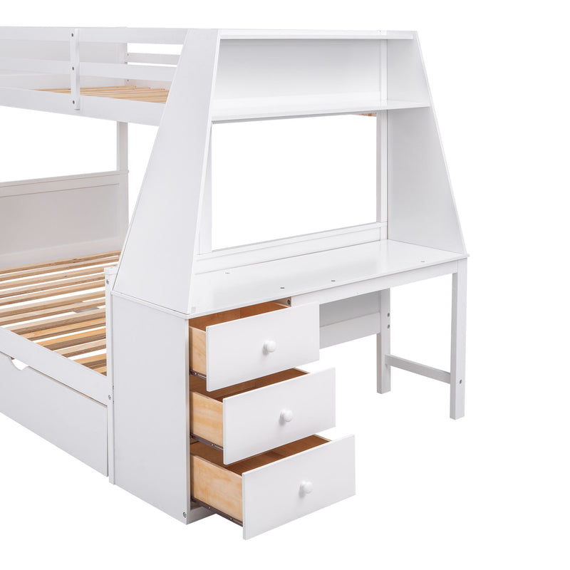 Twin Over Full Bunk Bed With Trundle And Built-In Desk, Three Storage Drawers And Shelf - White