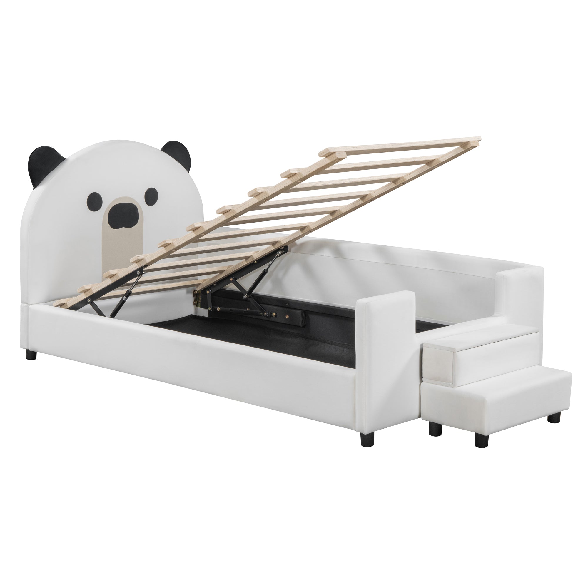 Twin Size Upholstered Daybed with Bear Shaped Headboard, Hydraulic System and Breathable Mesh Fence, White - Atlantic Fine Furniture Melbourne FL