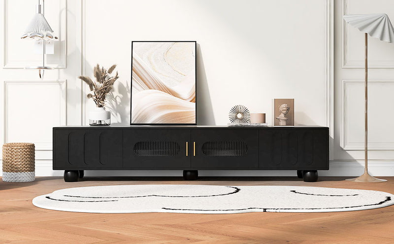 Modern TV Stand For TVs Up To 80", Entertainment Center With Glass Door, 2 Drawers And Cabinets, Wood TV Storage Cabinet With Solid Wood Legs And Metal Handles For Living Room