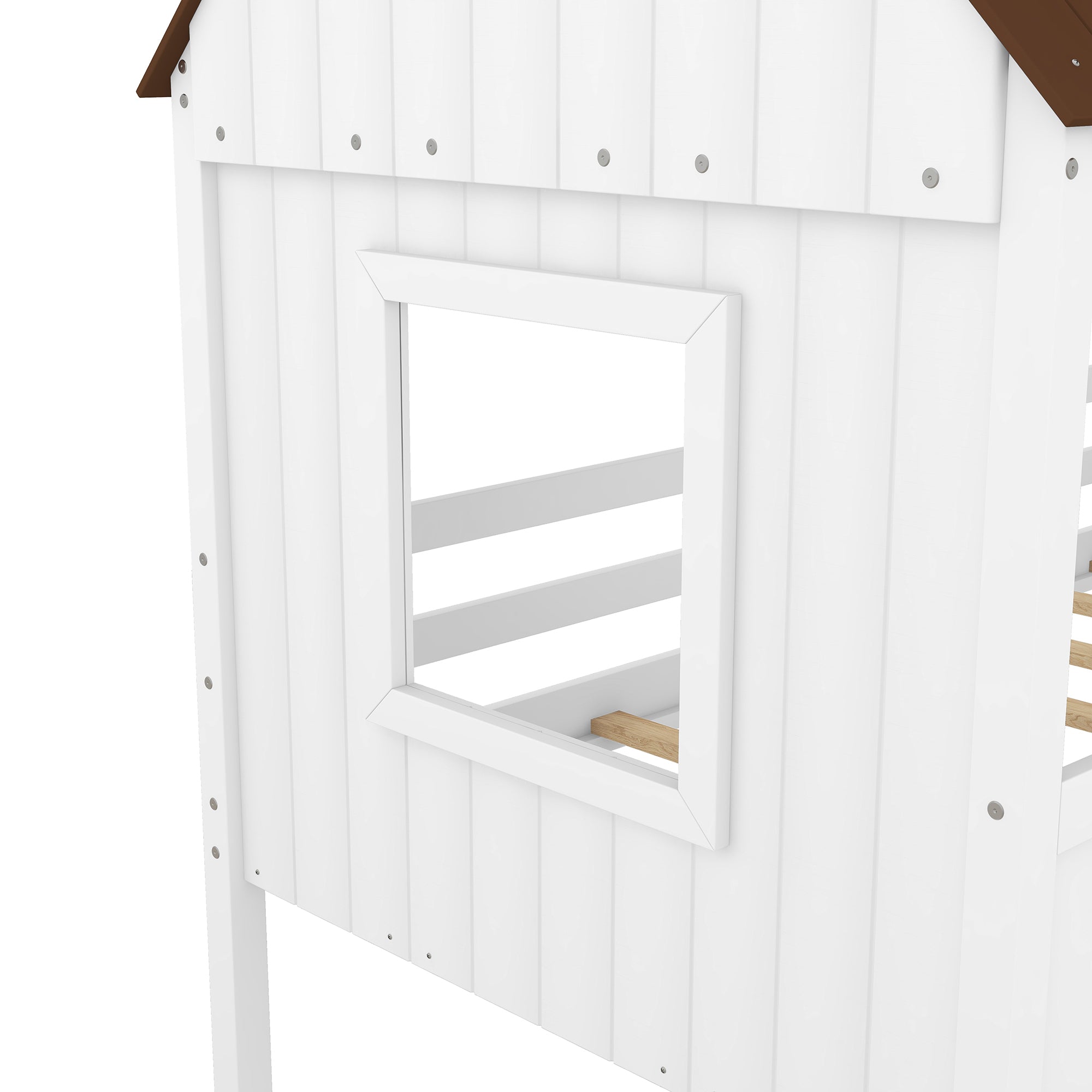 Twin Size Low Loft Wood House Bed with Two Side Windows  (White+Brown)(OLD SKU: LP000037AAD) - Atlantic Fine Furniture Melbourne FL