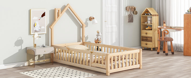 Twin House-Shaped Headboard Floor Bed with Fence
,Natural