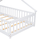 Twin House-Shaped Bedside Floor Bed with Guardrails, Slats, with Door,White
