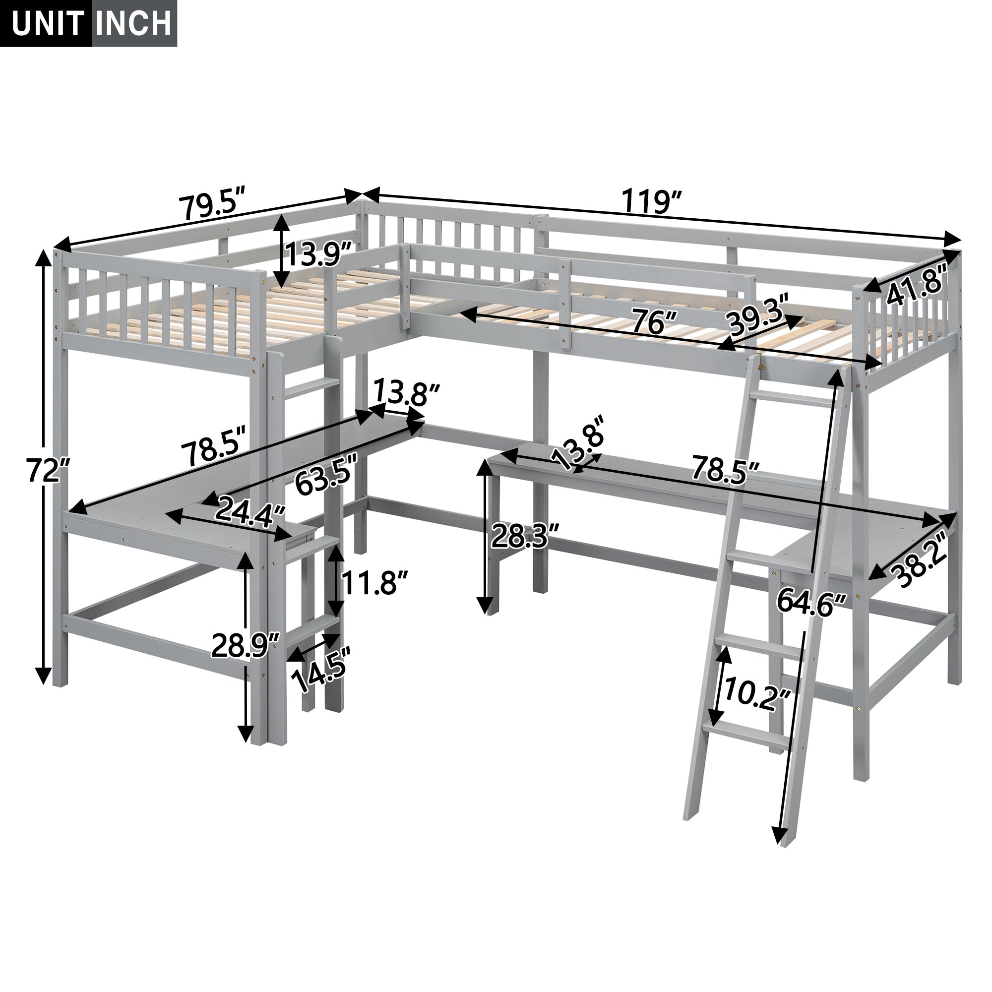 Wood Twin Size L-Shaped Loft Bed with Ladder and 2 Built-in L-Shaped Desks, Gray - Atlantic Fine Furniture Melbourne FL
