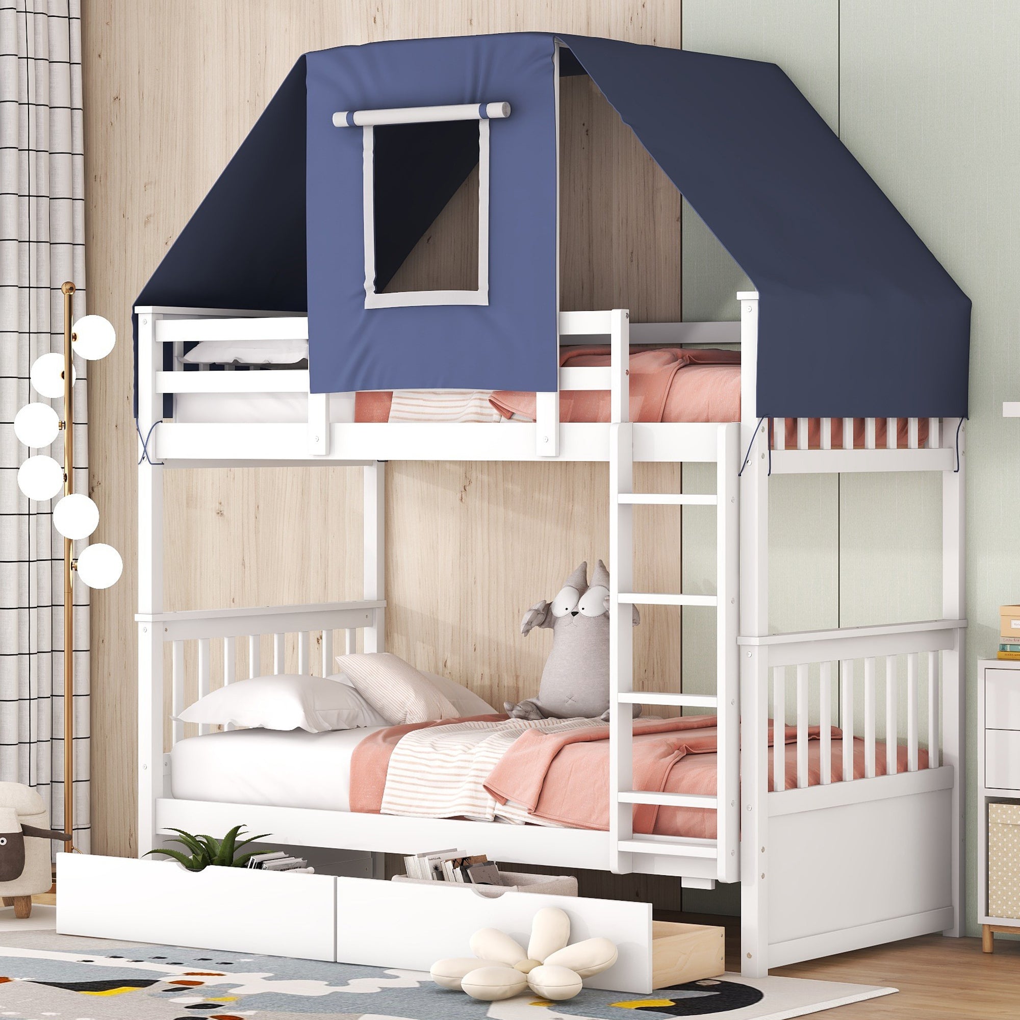 Twin Over Twin Bunk Bed Wood Bed with Tent and Drawers, White+Blue Tent - Atlantic Fine Furniture Melbourne FL