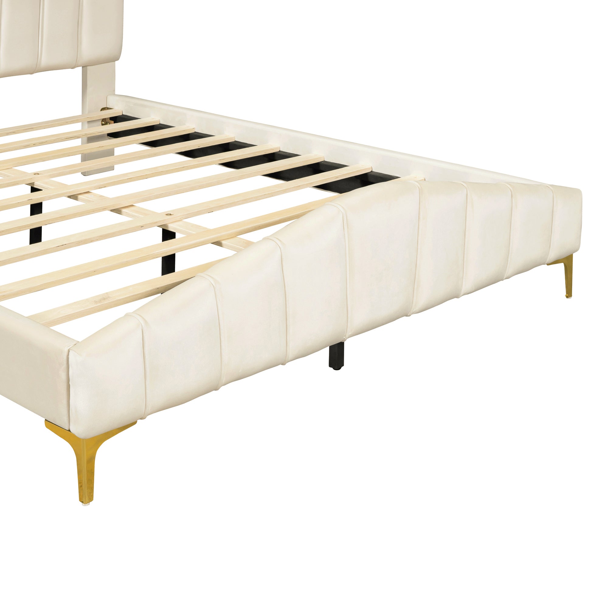 Queen Size Velvet Platform Bed with Thick Fabric, Stylish Stripe Decorated Bedboard and Elegant Metal Bed Leg, Beige - Atlantic Fine Furniture Melbourne FL